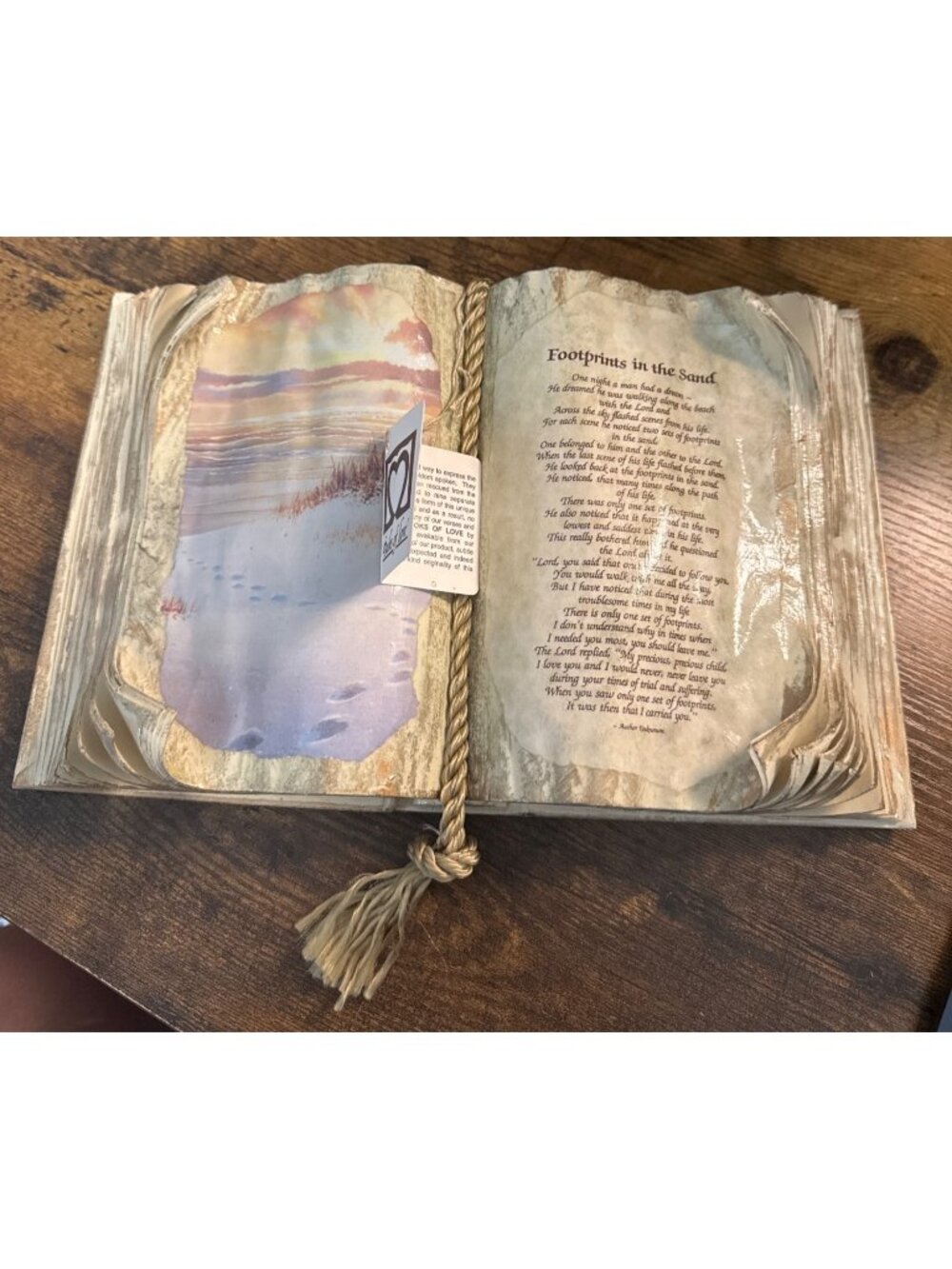 NEW Judith Bond Footprints in the Sand Decopage Open Book Sculpture